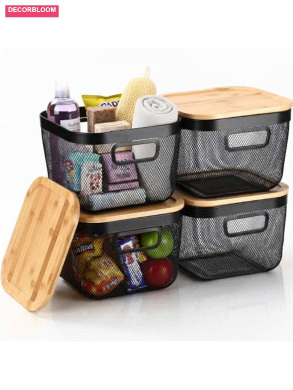4 Pack Wire Baskets with Bamboo Lids Stackable Metal Storage Bins